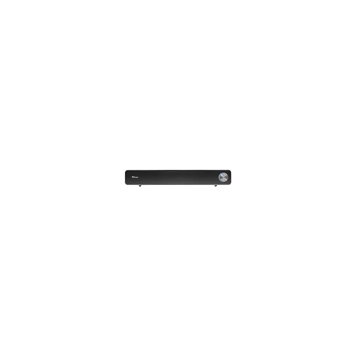 Schwarze Soundbar mit silbernem Regler und Trust-Logo, auf weiÃŸem Hintergrund.