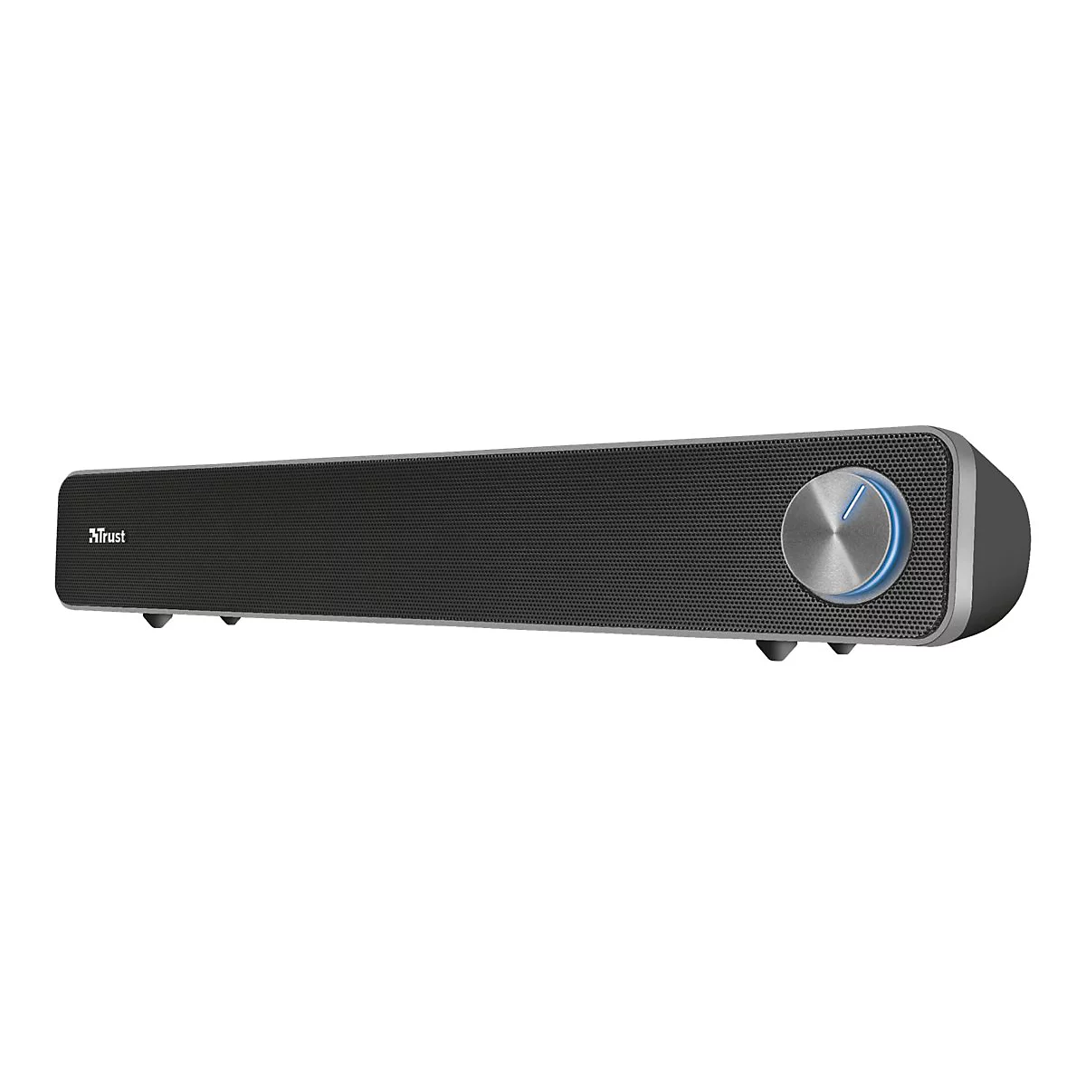 Schwarze Trust Soundbar vor weißem Hintergrund mit silbernem Drehregler und blauer LED.