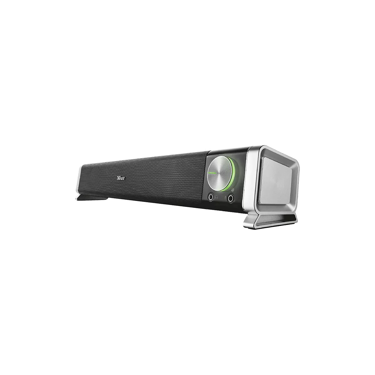 Schwarze Trust Soundbar mit großem Lautstärkeregler und grüner LED-Beleuchtung auf weißem Hintergrund.