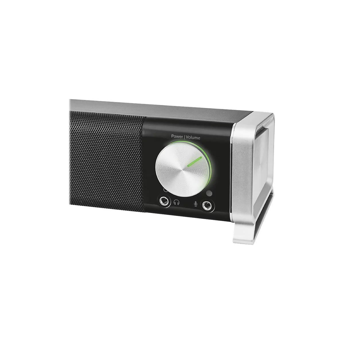 Detailansicht einer Soundbar mit silbernem Lautstärkeregler, grüner LED-Anzeige und Anschlüssen für Kopfhörer und Mikrofon.