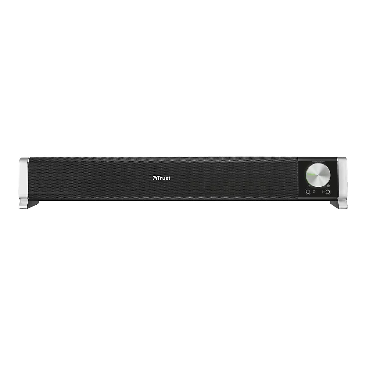 Schwarze Trust Soundbar mit seitlichem Lautstärkeregler und Kopfhöreranschluss vor weißem Hintergrund.