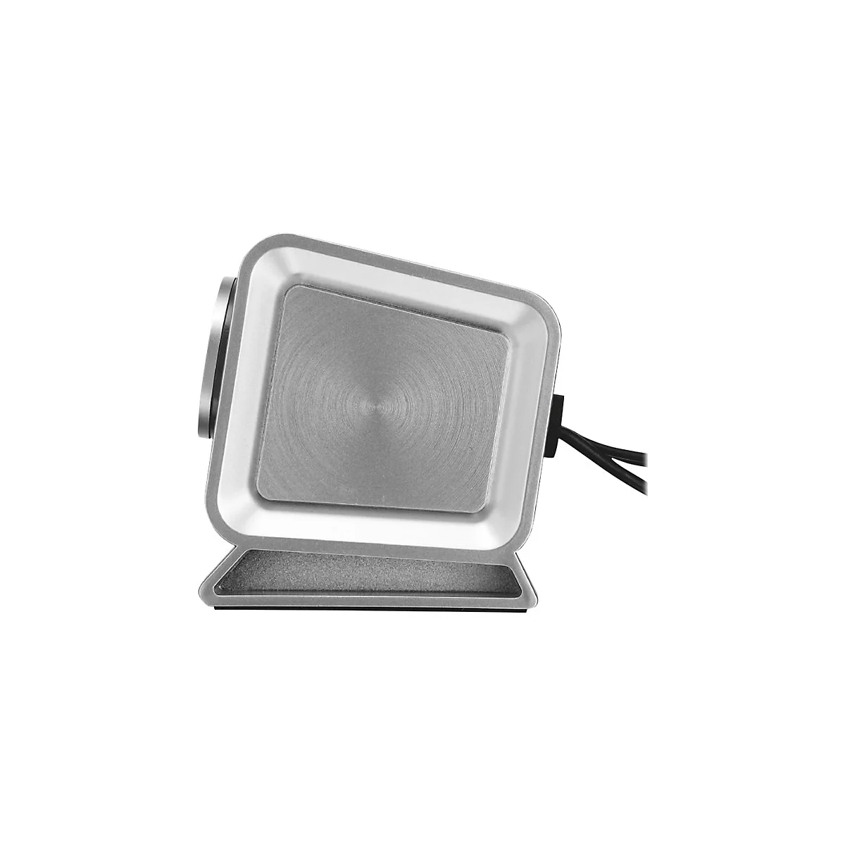 Nahaufnahme einer quadratischen, silbernen LED-Leuchte mit gebürsteter Metalloberfläche und einem schwarzen Stromkabel.