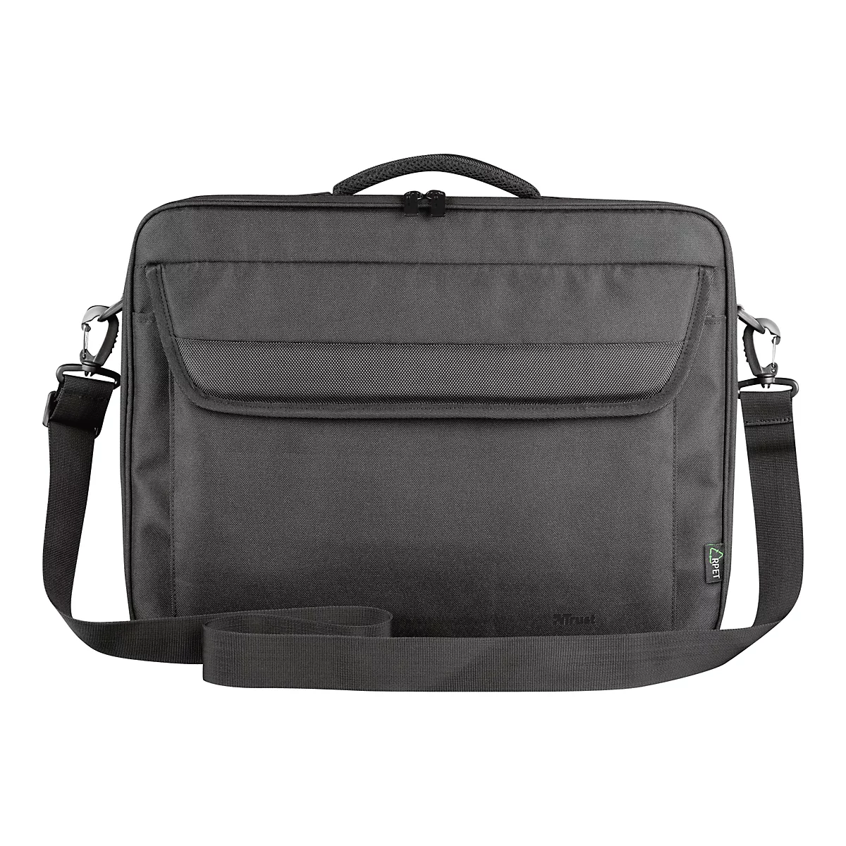 Schwarze Laptoptasche mit verstellbarem Schultergurt und Reißverschluss vor weißem Hintergrund.