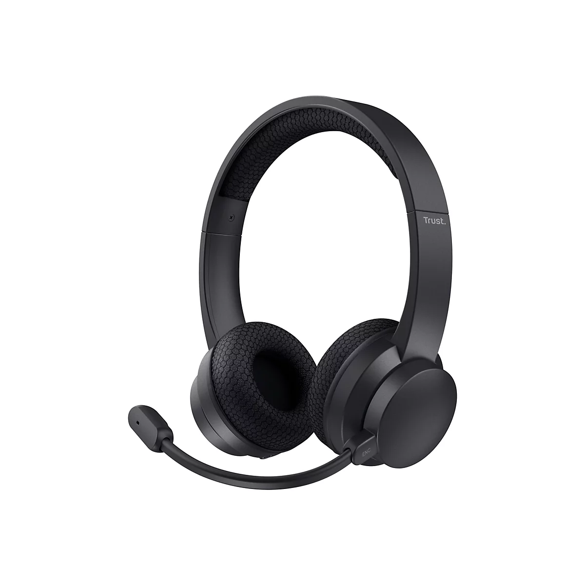 Schwarzes Trust Headset mit Mikrofonarm und gepolsterten Ohrmuscheln auf weißem Hintergrund.