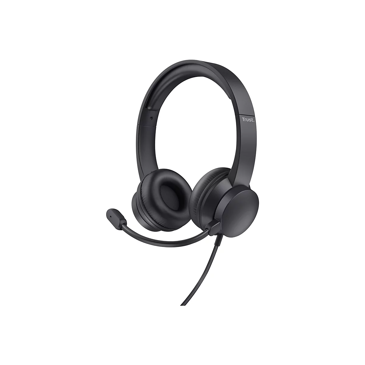 Schwarzes Trust Headset mit Mikrofonarm und Kabel vor weißem Hintergrund.