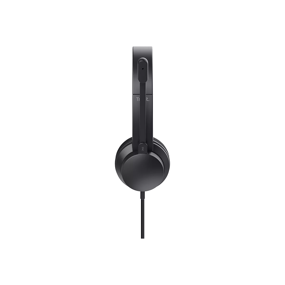 Schwarzes kabelgebundenes Headset in der Seitenansicht vor weißem Hintergrund.