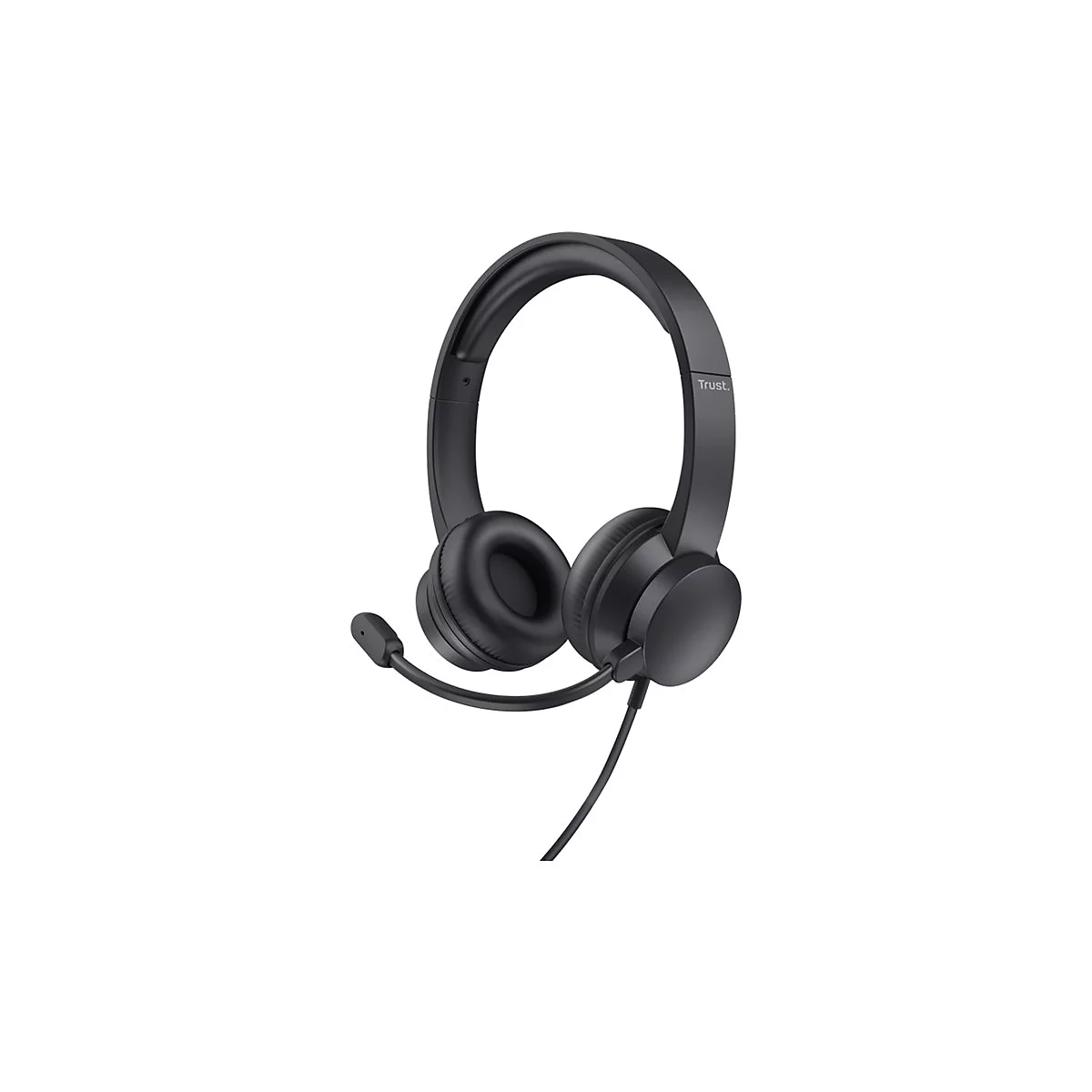Schwarzes Trust On-Ear-Headset mit Kopfbügel, Ohrmuscheln und schwenkbarem Mikrofonarm auf weißem Grund.