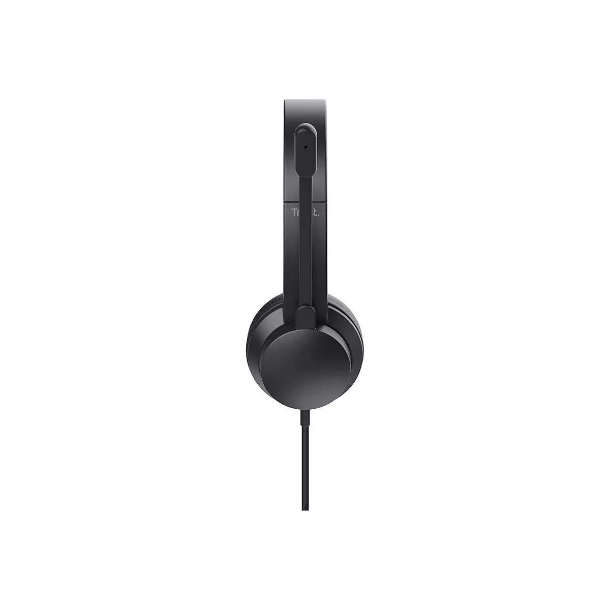 Schwarzes On-Ear-Headset mit Kabel und Mikrofonarm in der Seitenansicht vor weißem Hintergrund.