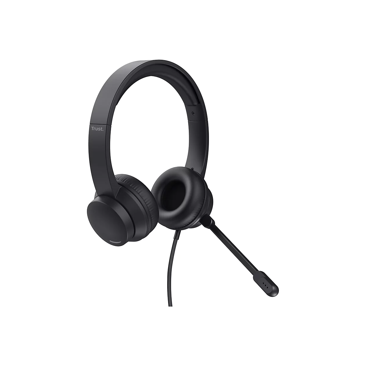 Schwarzes kabelgebundenes Trust Headset mit verstellbarem Mikrofonarm auf weißem Hintergrund.
