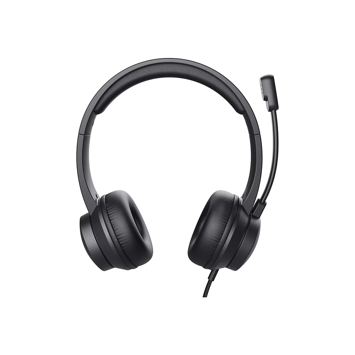Schwarzes On-Ear-Headset mit Kopfbügel und Mikrofonarm vor weißem Hintergrund.