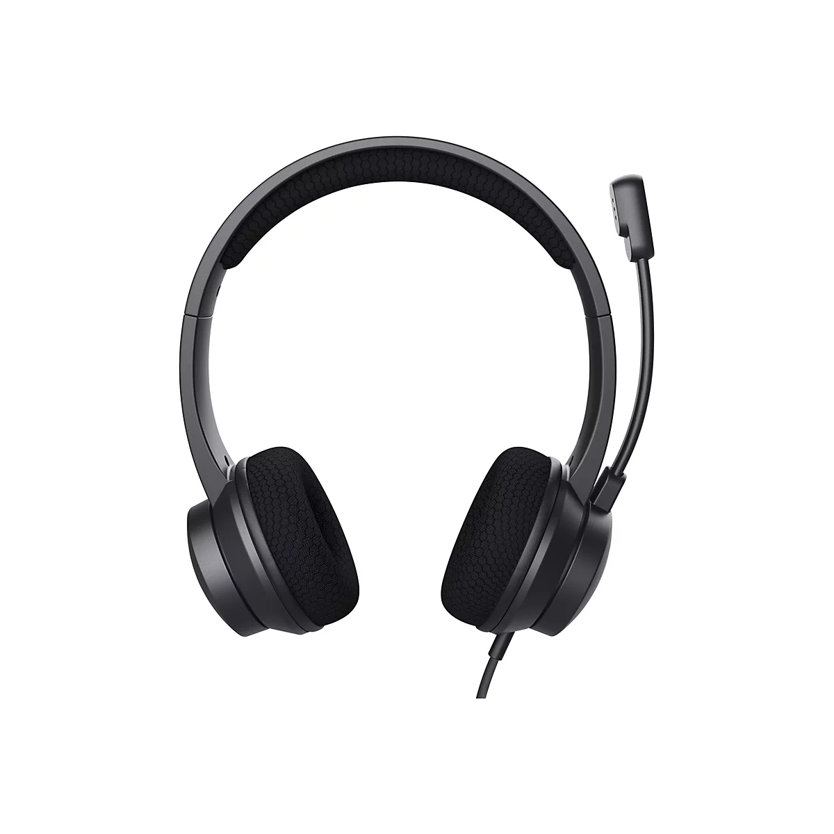 Schwarzes On-Ear-Headset mit Kopfbügel und Mikrofonarm vor weißem Hintergrund.