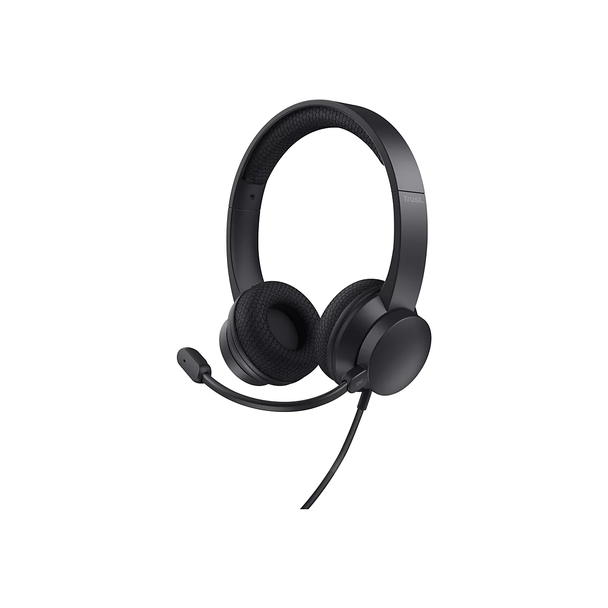 Schwarzes Trust Headset mit Mikrofonarm und gepolstertem Kopfbügel vor weißem Hintergrund.