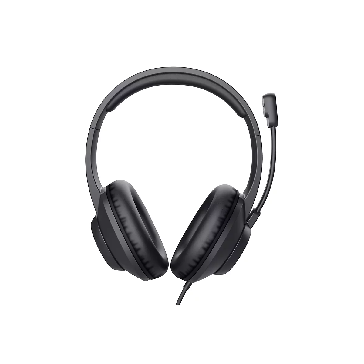 Schwarzes On-Ear-Headset mit gepolsterten Ohrmuscheln und verstellbarem Mikrofonarm vor weißem Hintergrund.