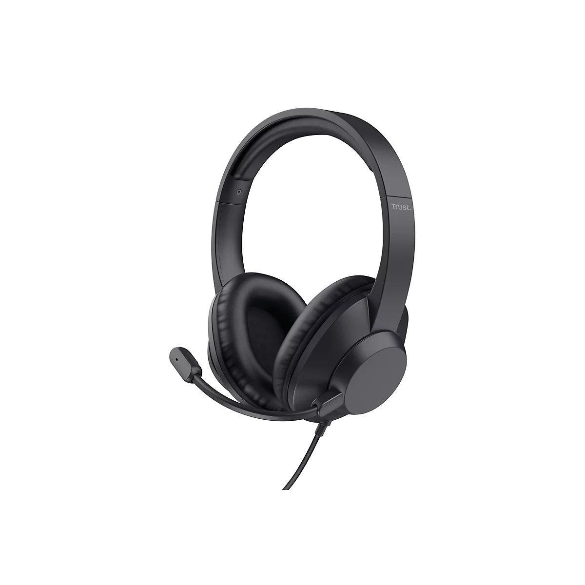 Schwarzes kabelgebundenes Trust-Headset mit gepolsterten Ohrmuscheln und schwenkbarem Mikrofonarm vor weißem Hintergrund.