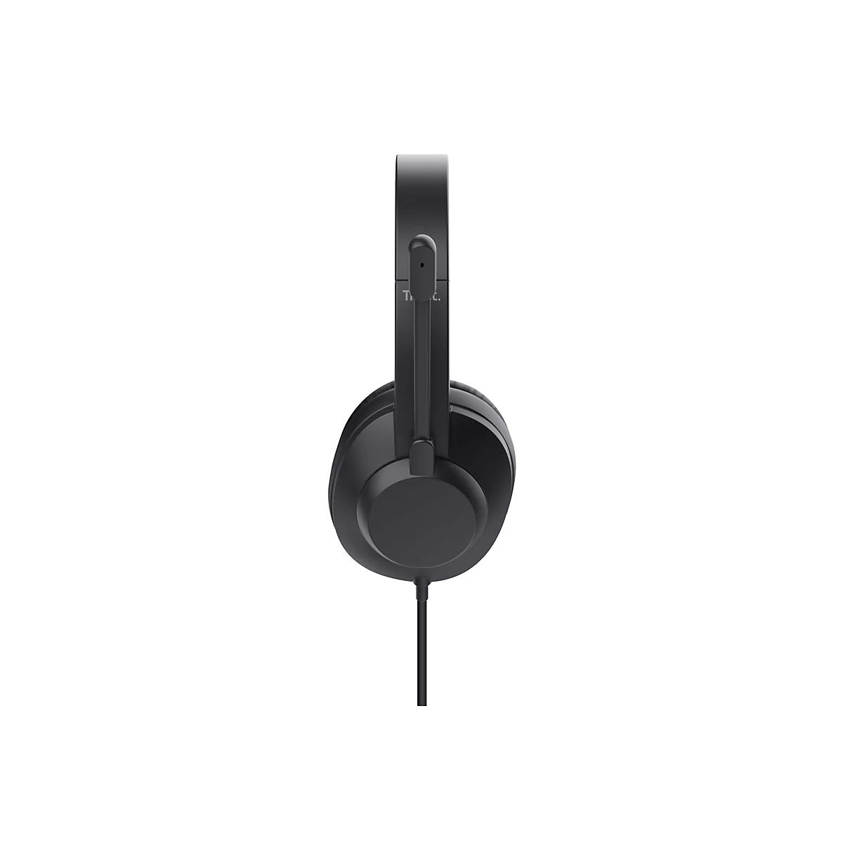 Schwarzes kabelgebundenes Headset von der Seite, vor weißem Hintergrund.