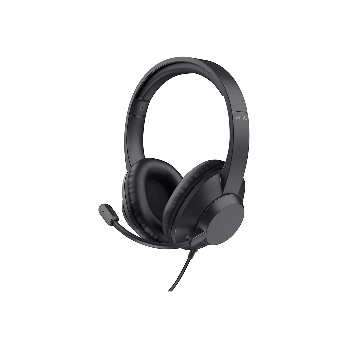 Schwarzes kabelgebundenes Trust-Headset mit Ohrpolstern und schwenkbarem Mikrofon vor weißem Hintergrund.