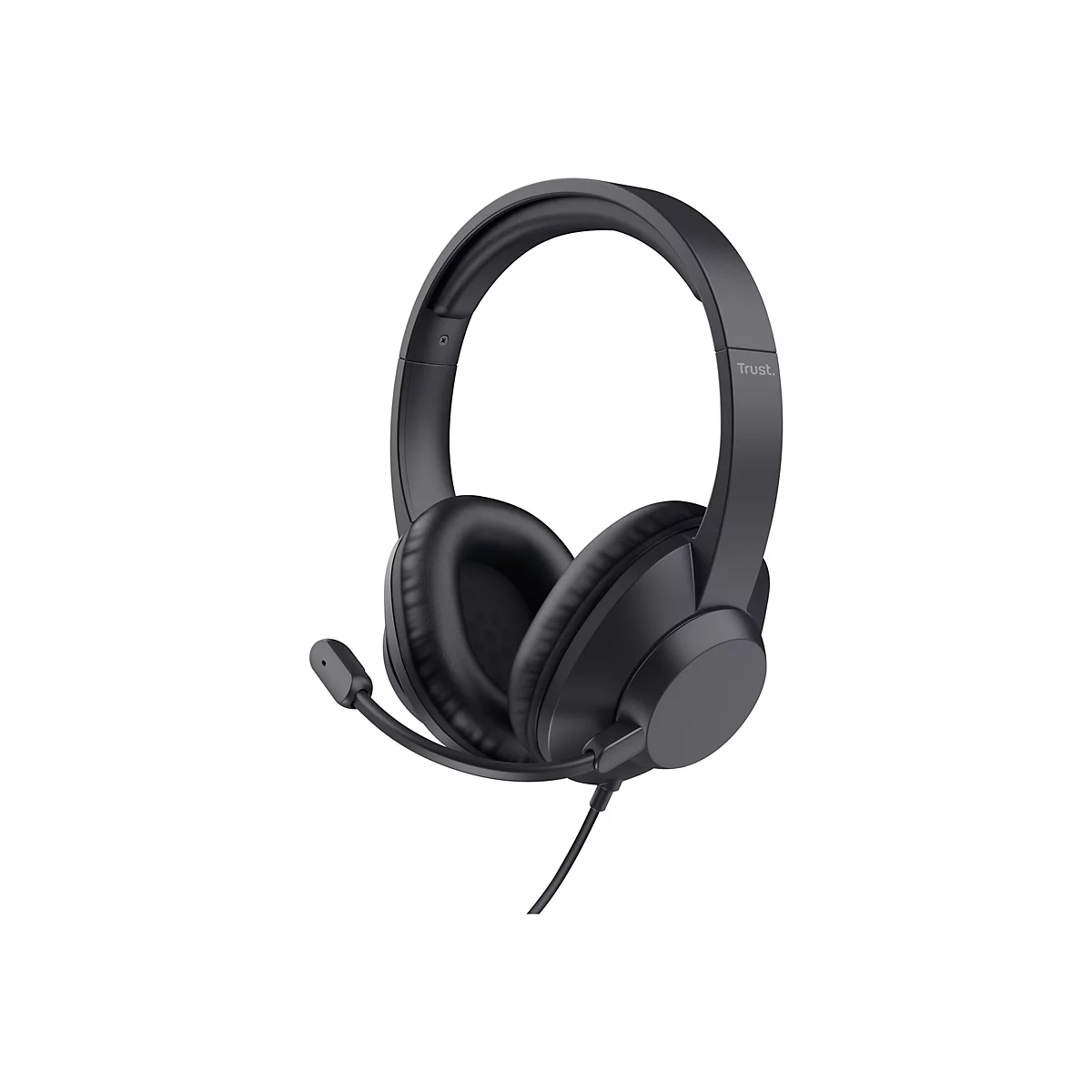 Schwarzes Headset mit Mikrofon und Aufdruck "Trust" am Bügel. Die Ohrmuscheln sind gepolstert, ein Kabel ist am Headset befestigt.