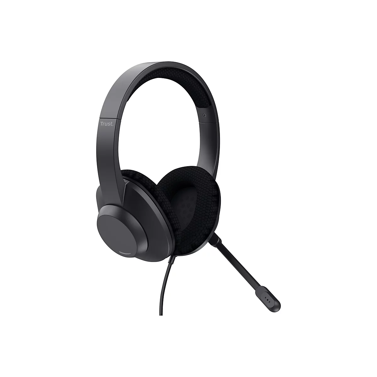 Schwarzes Headset mit Mikrofon. Der Kopfbügel und die Ohrmuscheln sind schwarz. Das Logo "Trust" ist zu sehen.