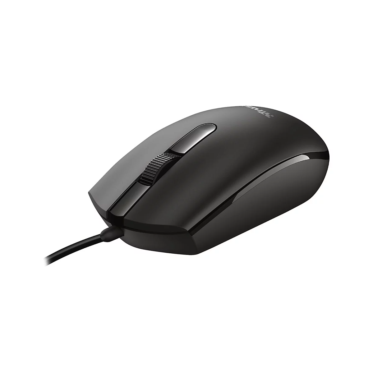 Schwarze, kabelgebundene Computermaus mit glänzender Oberfläche und geriffeltem Scrollrad vor weißem Hintergrund.