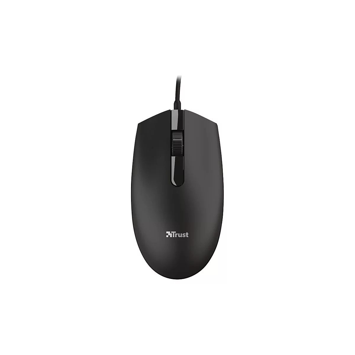 Schwarze, kabelgebundene Computermaus mit zwei Tasten und Scrollrad vor weißem Hintergrund.