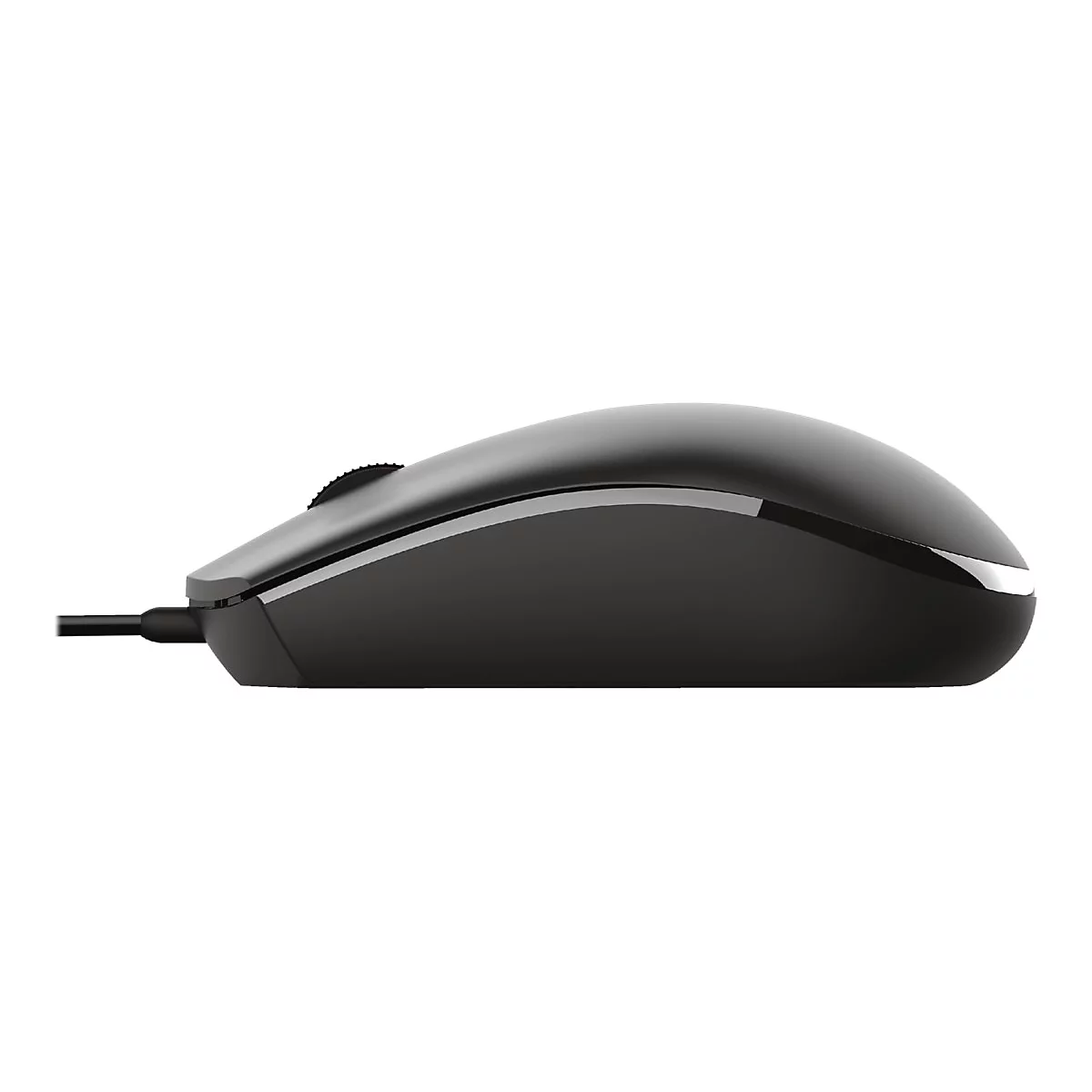 Schwarze, kabelgebundene Computermaus in Seitenansicht auf weißem Hintergrund.