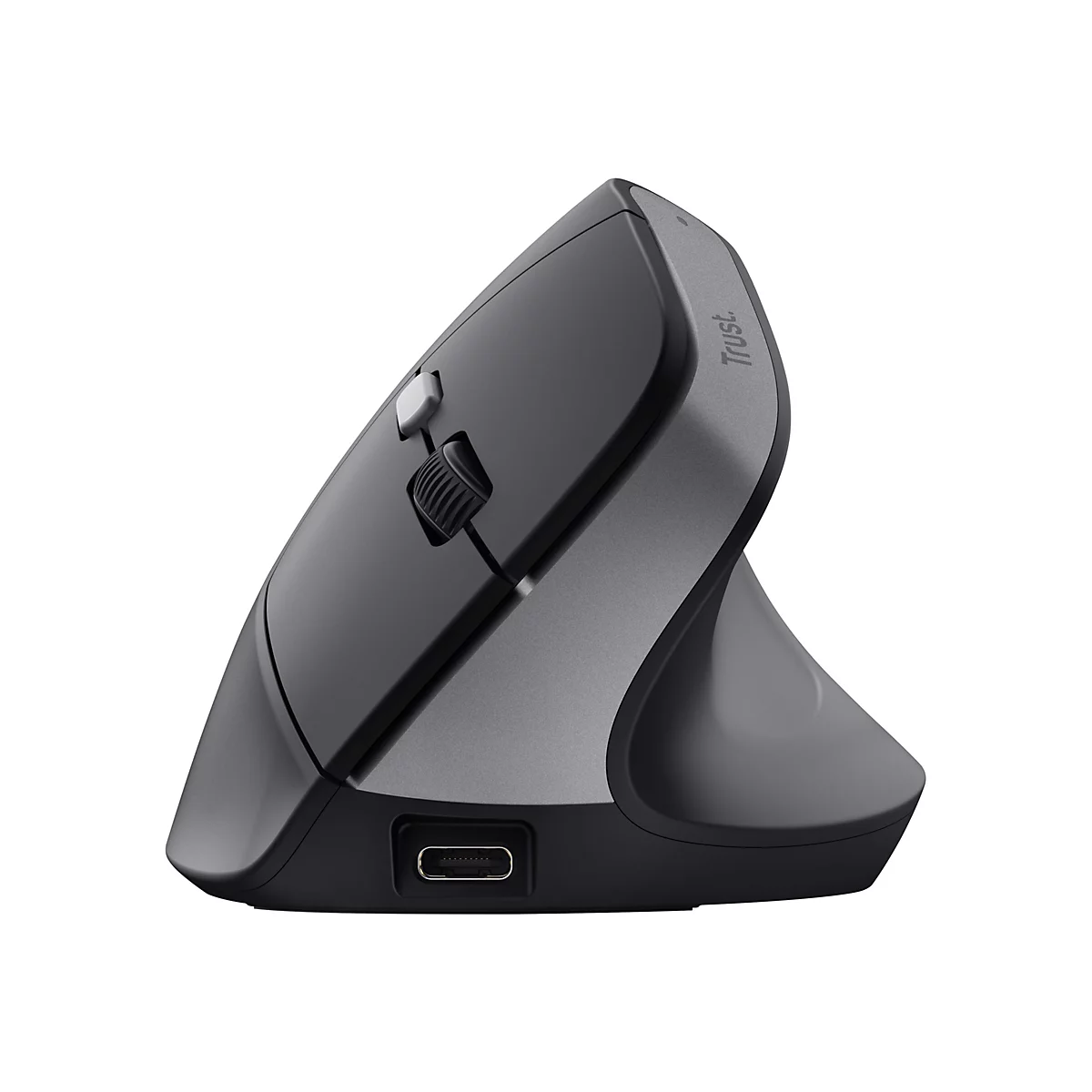 Dunkelgraue, vertikale ergonomische Funkmaus von Trust in Seitenansicht mit USB-C-Anschluss.