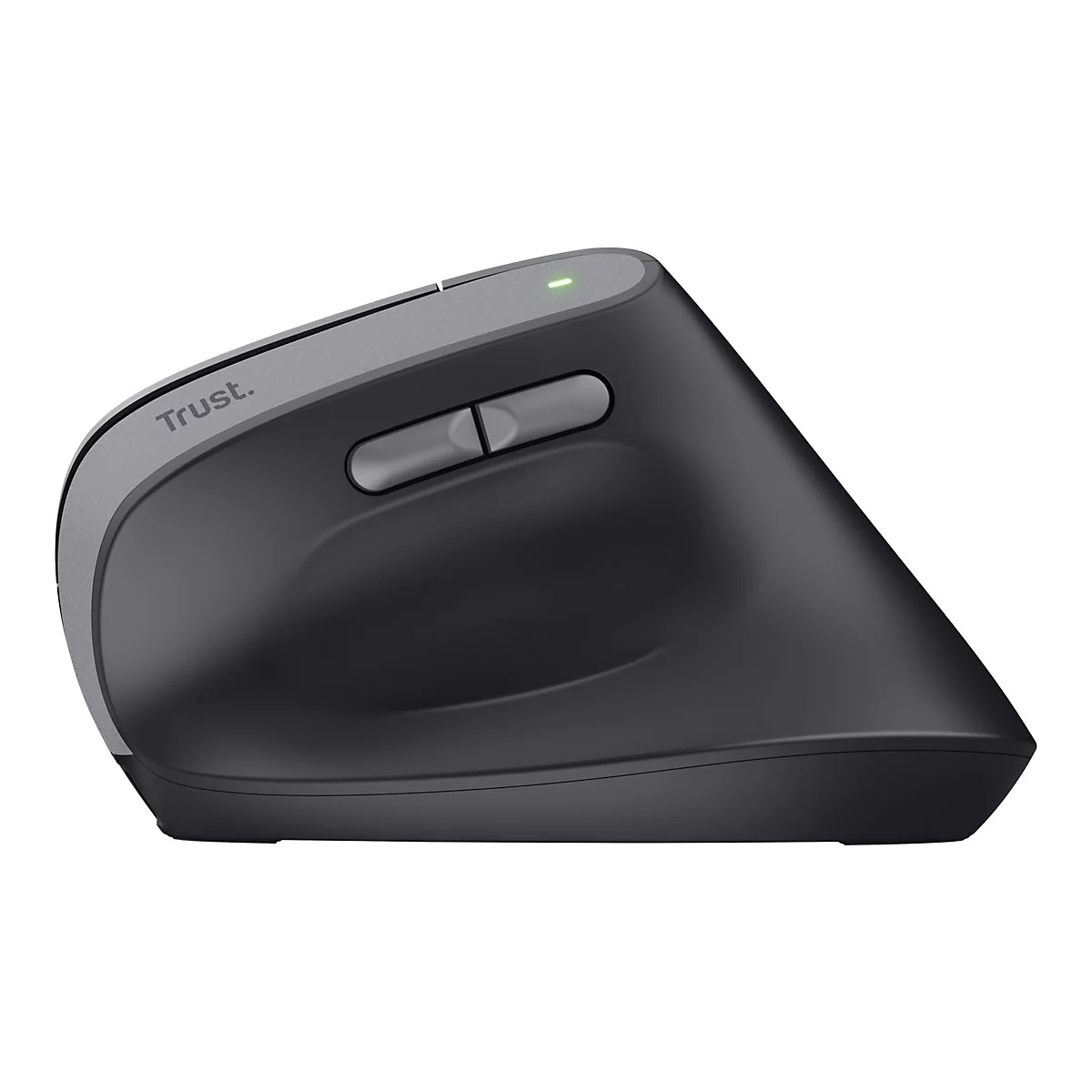Vertikale ergonomische Computermaus von Trust in Dunkelgrau mit zwei Seitentasten und leuchtender grüner Status-LED.