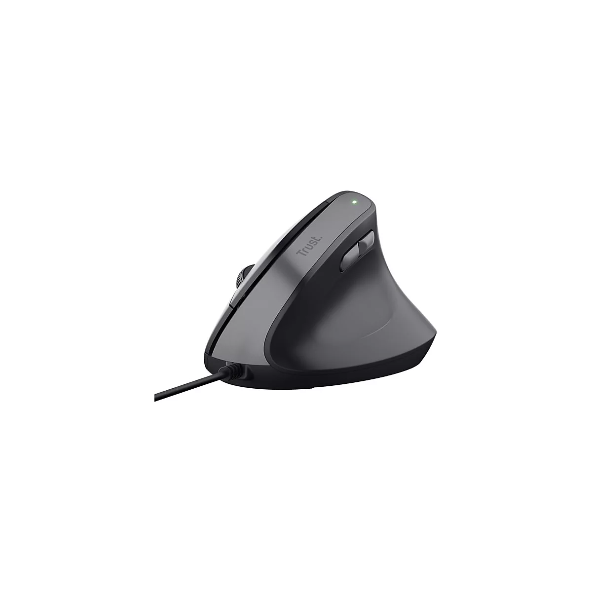 Dunkelgraue, vertikale Trust-Ergonomie-Maus mit grün leuchtender Status-LED.