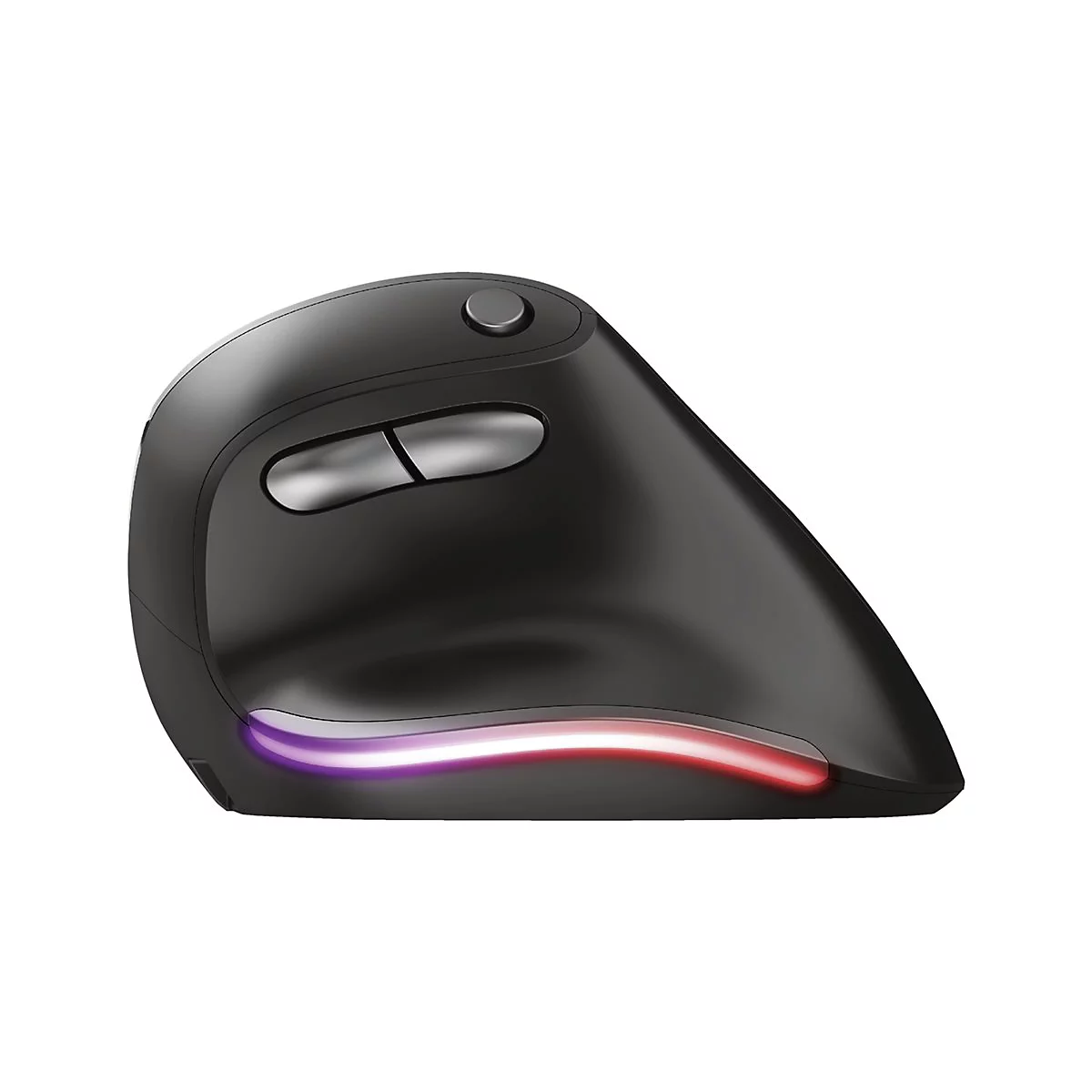 Schwarze, ergonomische Maus mit roten und violetten Leuchtelementen unten.