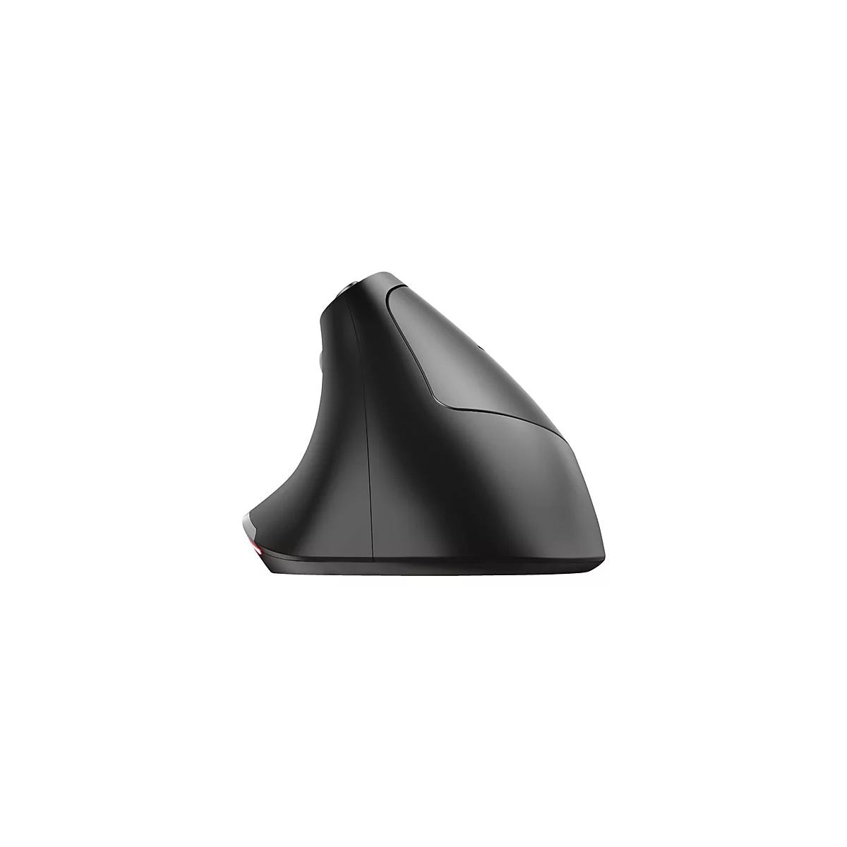 Schwarze ergonomische Maus, seitlich betrachtet. Der Daumenbereich ist erhÃ¶ht.