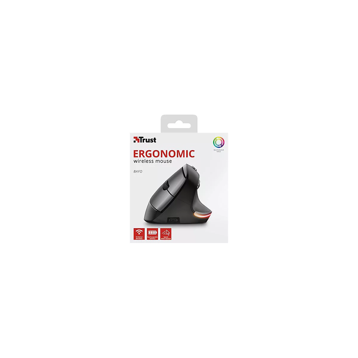 Schwarze, ergonomische Funkmaus. Auf der Verpackung steht: Trust, Ergonomische Wireless Maus Bayo.