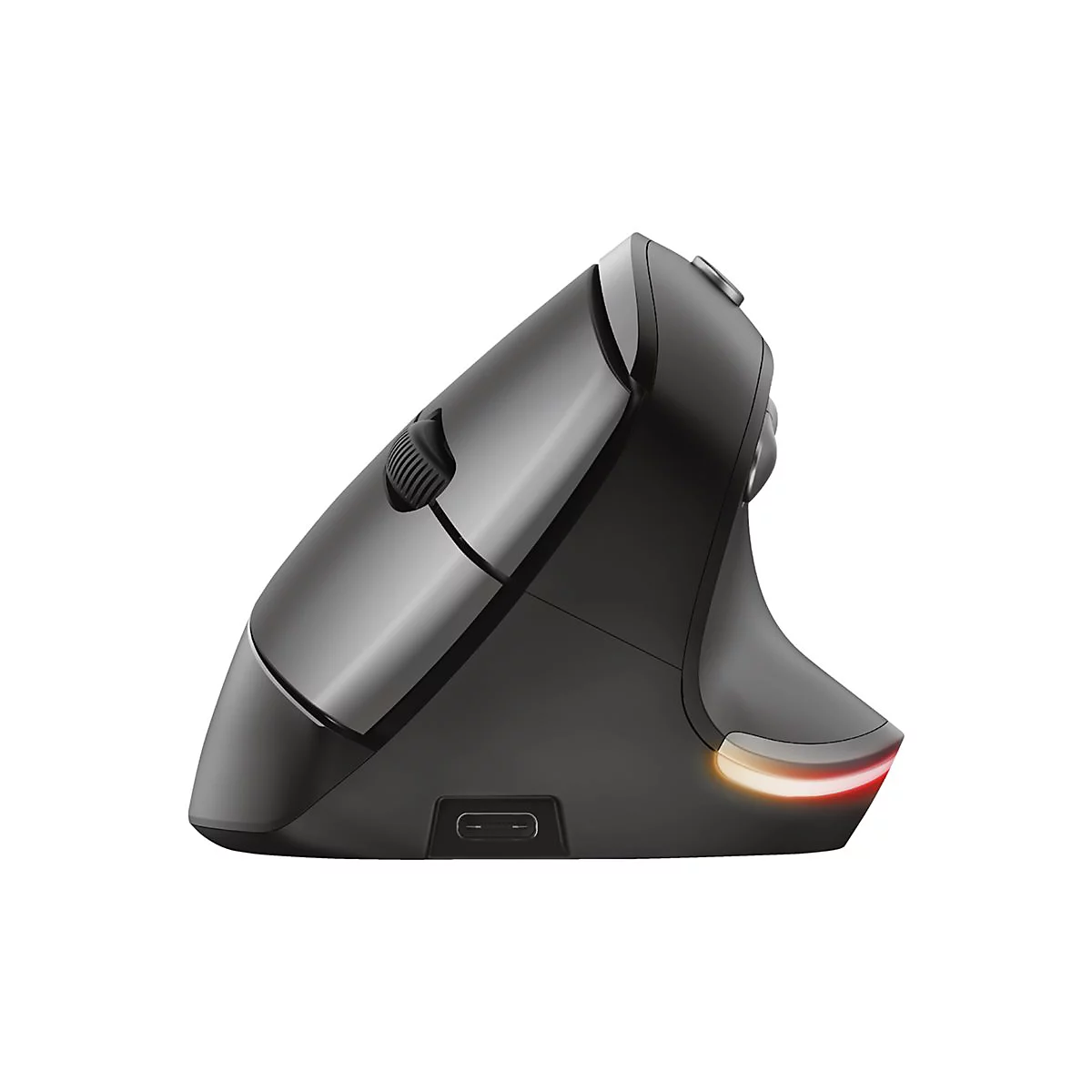 Ein ergonomische vertikale Maus in Schwarz. Mit seitlichen Tasten und USB-C-Anschluss. An der Unterseite leuchtet ein Licht.