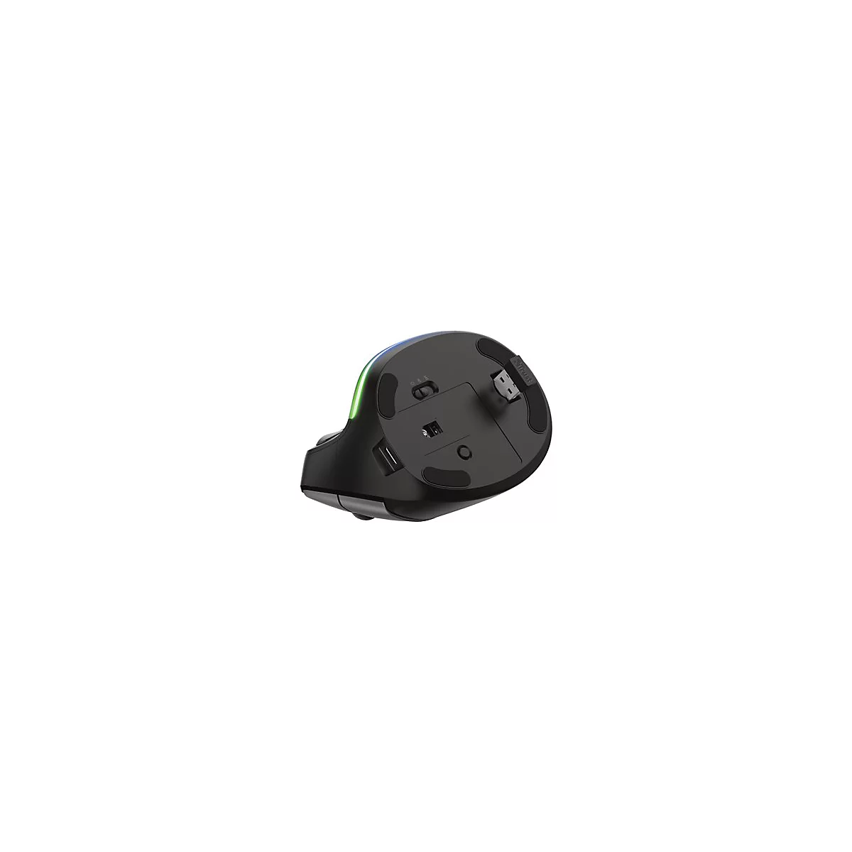 Schwarze Maus, Unterseite, mit USB-EmpfÃ¤nger und verschiedenen Bedienelementen. Auf der Seite leuchtet ein grÃ¼nes Licht.
