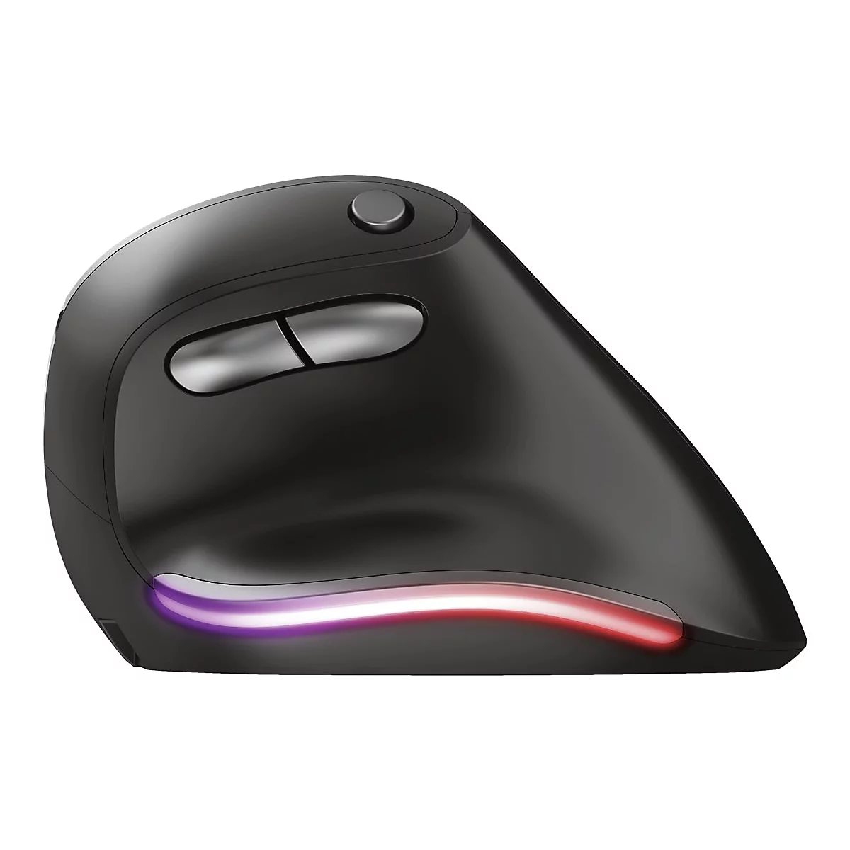Schwarze, ergonomische Vertikal-Computermaus mit leuchtendem RGB-Lichtstreifen an der Unterseite.