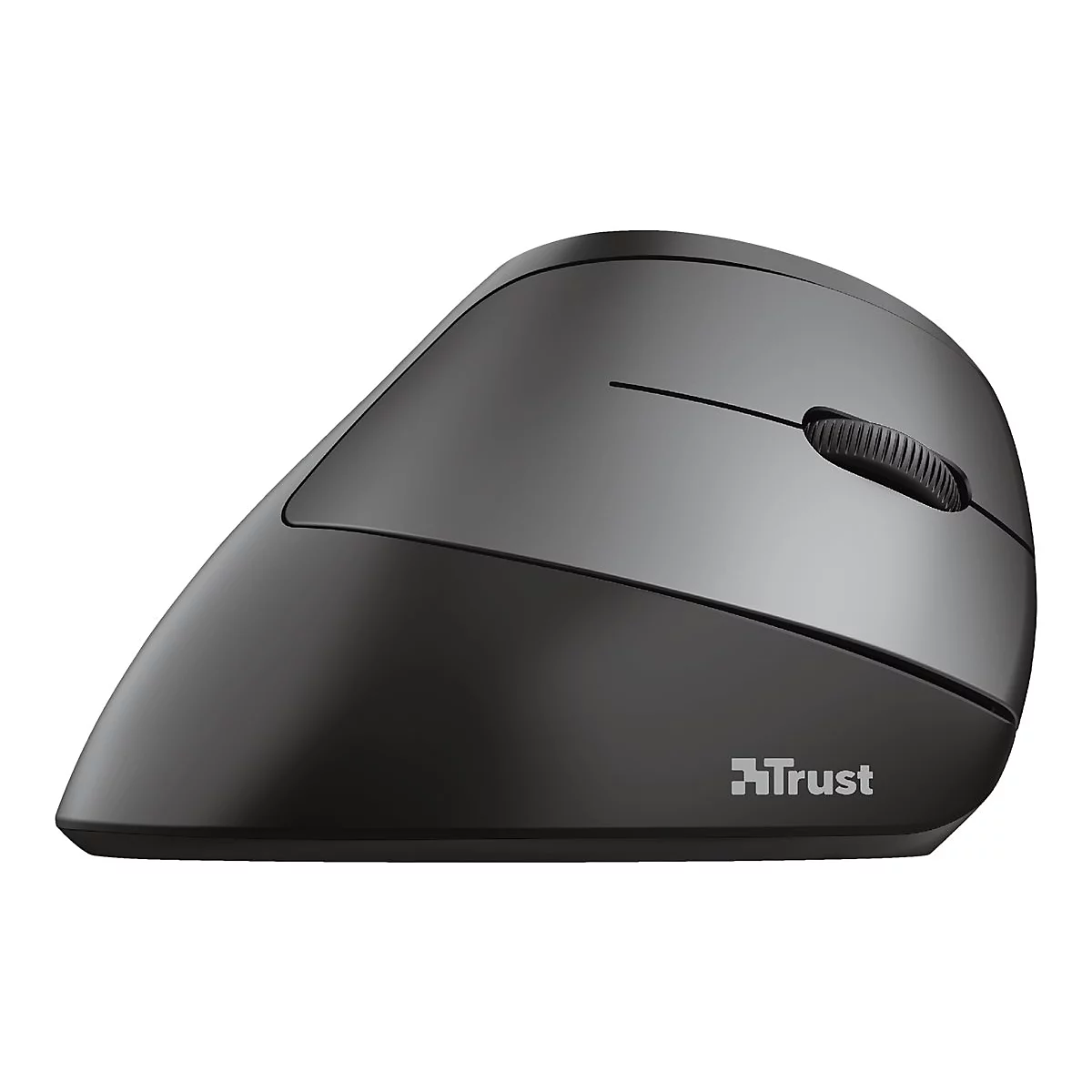 Schwarze, ergonomische Vertikal-Maus von Trust im Profil vor weißem Hintergrund.