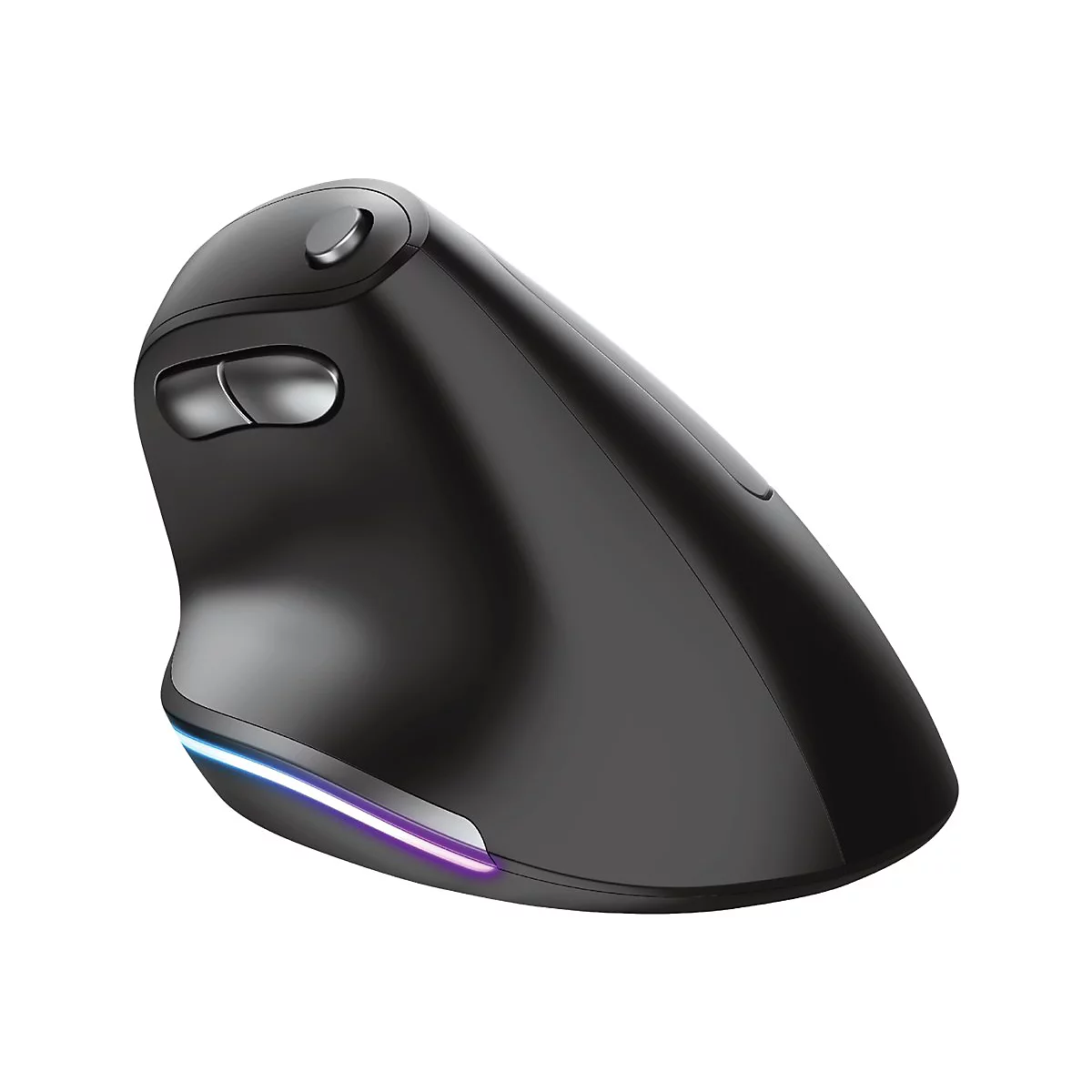 Schwarze, ergonomische Vertikal-Maus mit Daumentasten und schmaler, leuchtender LED-Lichtleiste an der Seite.