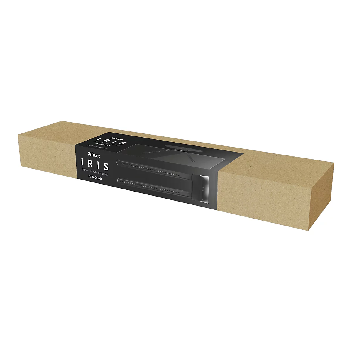 Eine Fernsehhalterung in einer braunen Verpackung. Auf der Verpackung steht "Trust IRIS TV MOUNT".
