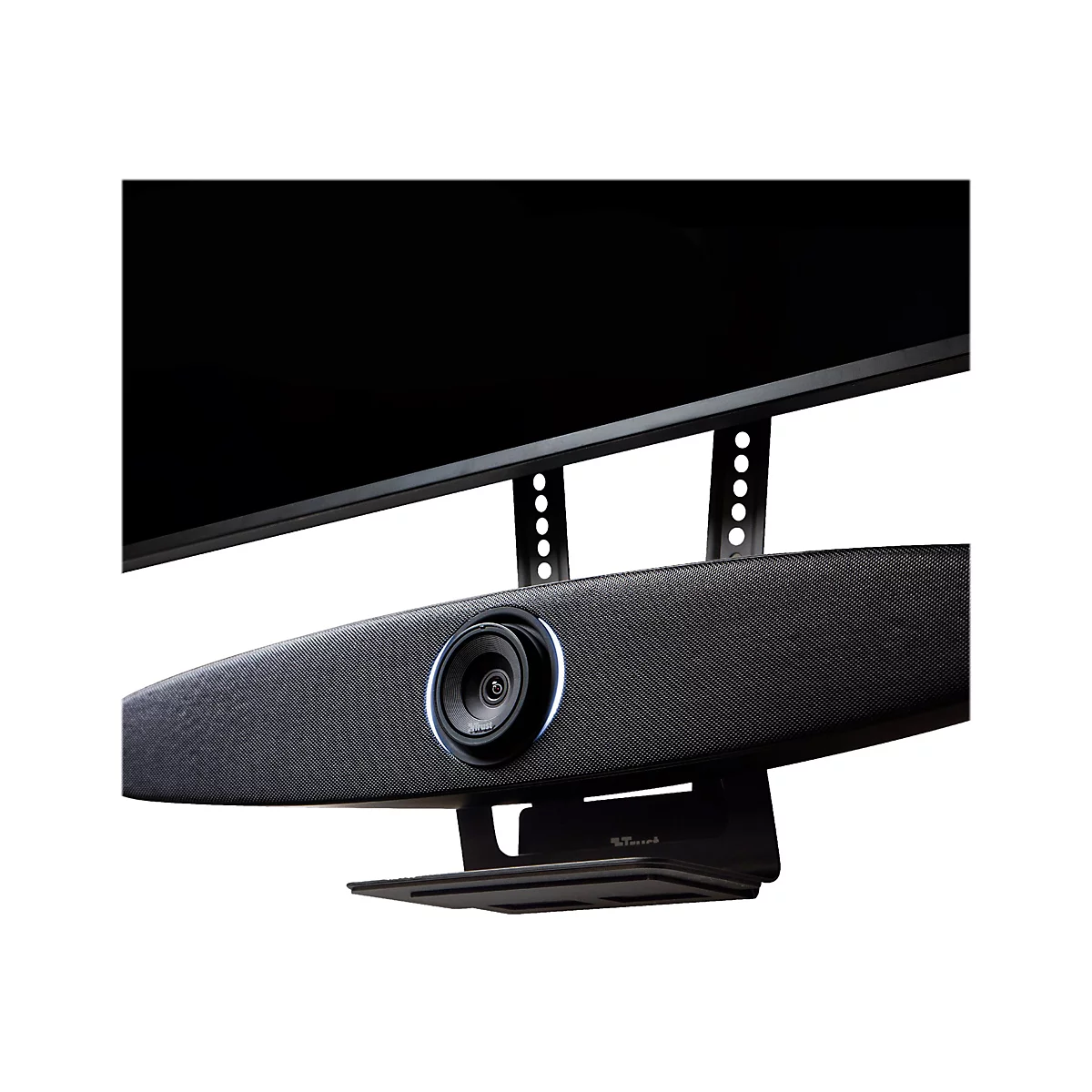 Eine schwarze Soundbar mit integrierter Kamera ist unter einem schwarzen Bildschirm montiert. Die Soundbar hat ein modernes Design.