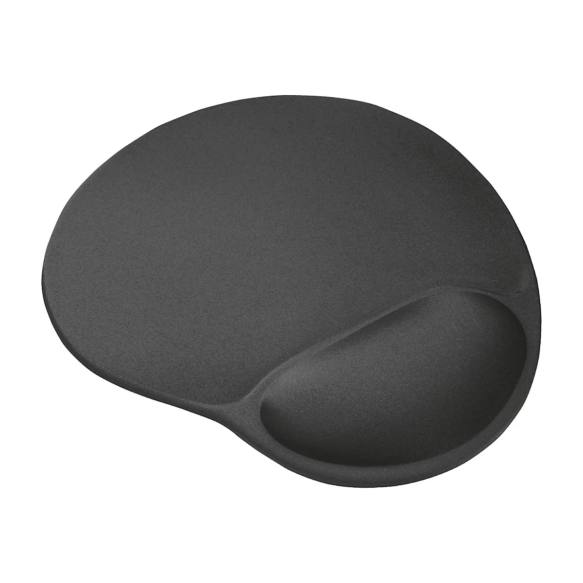 Schwarzes, asymmetrisches Mauspad mit integrierter, ergonomischer Handgelenkauflage vor weißem Hintergrund.