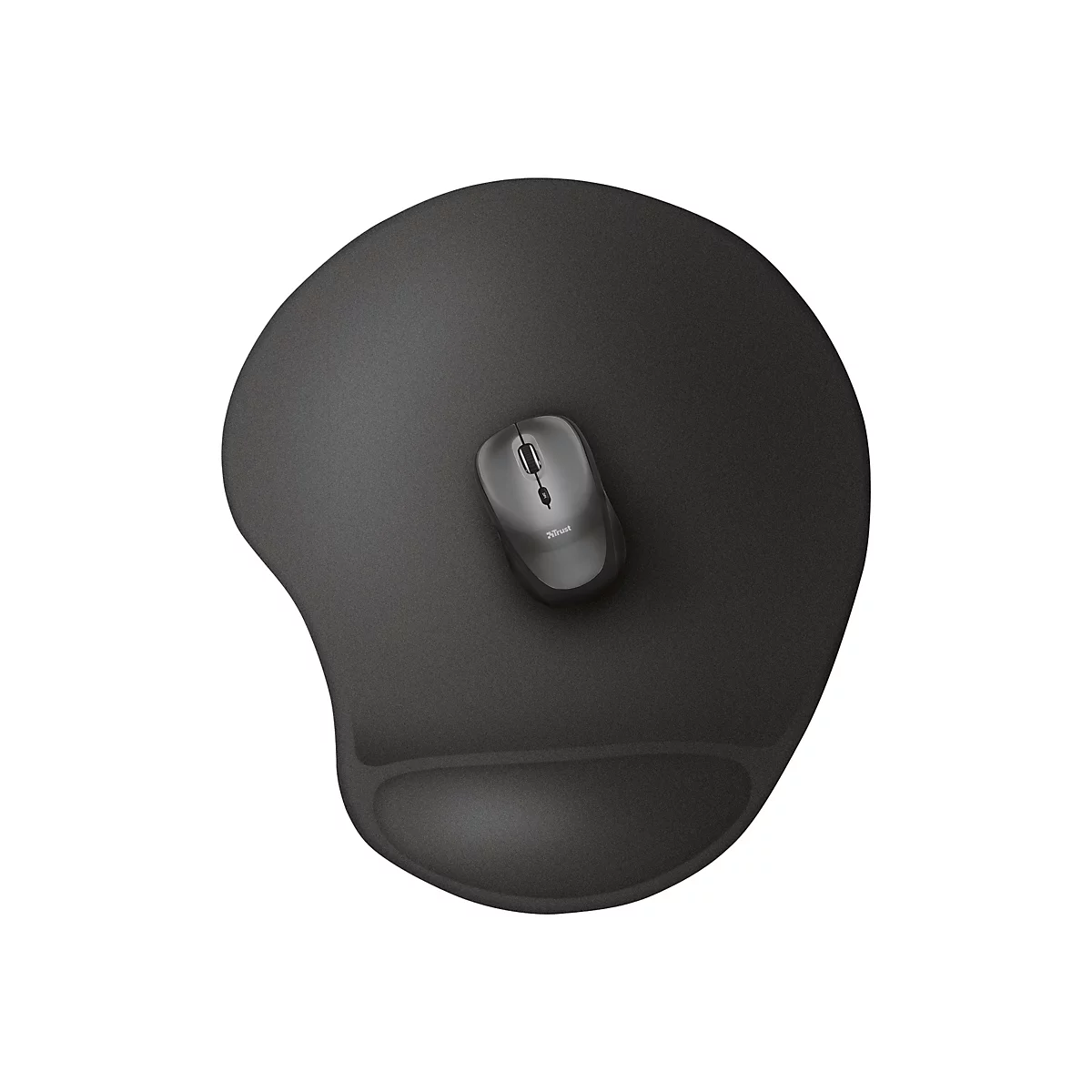 Schwarzes ergonomisches Mauspad mit Gel-Handballenauflage und darauf platzierter grauer Trust-Computermaus.