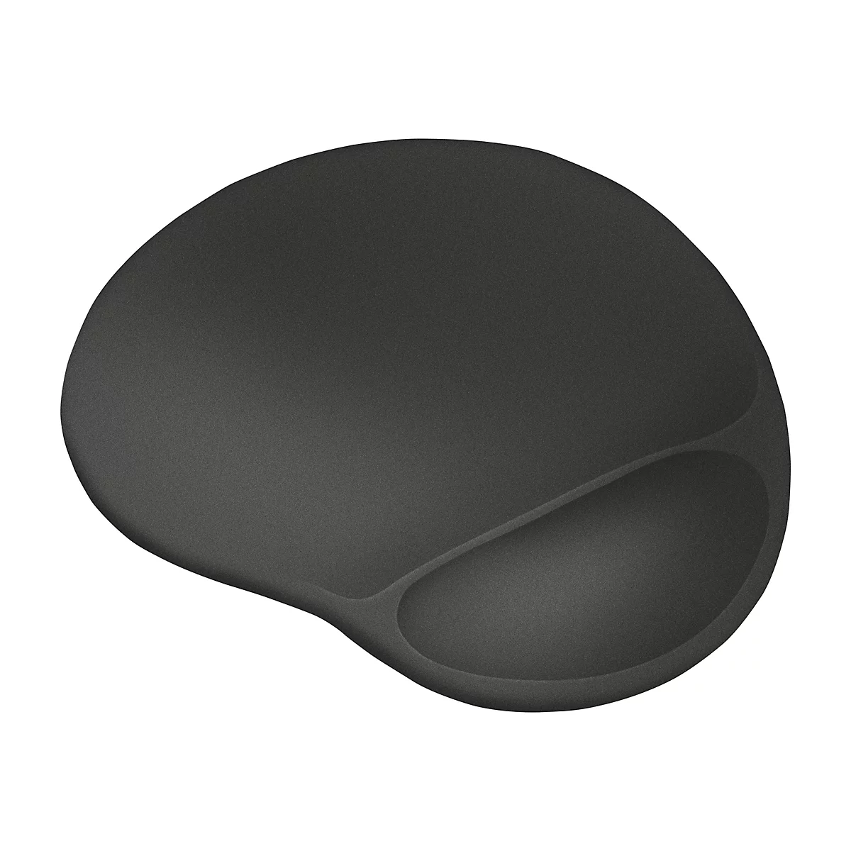 Schwarzes, asymmetrisches Mauspad mit integrierter Handballenauflage vor weißem Hintergrund.
