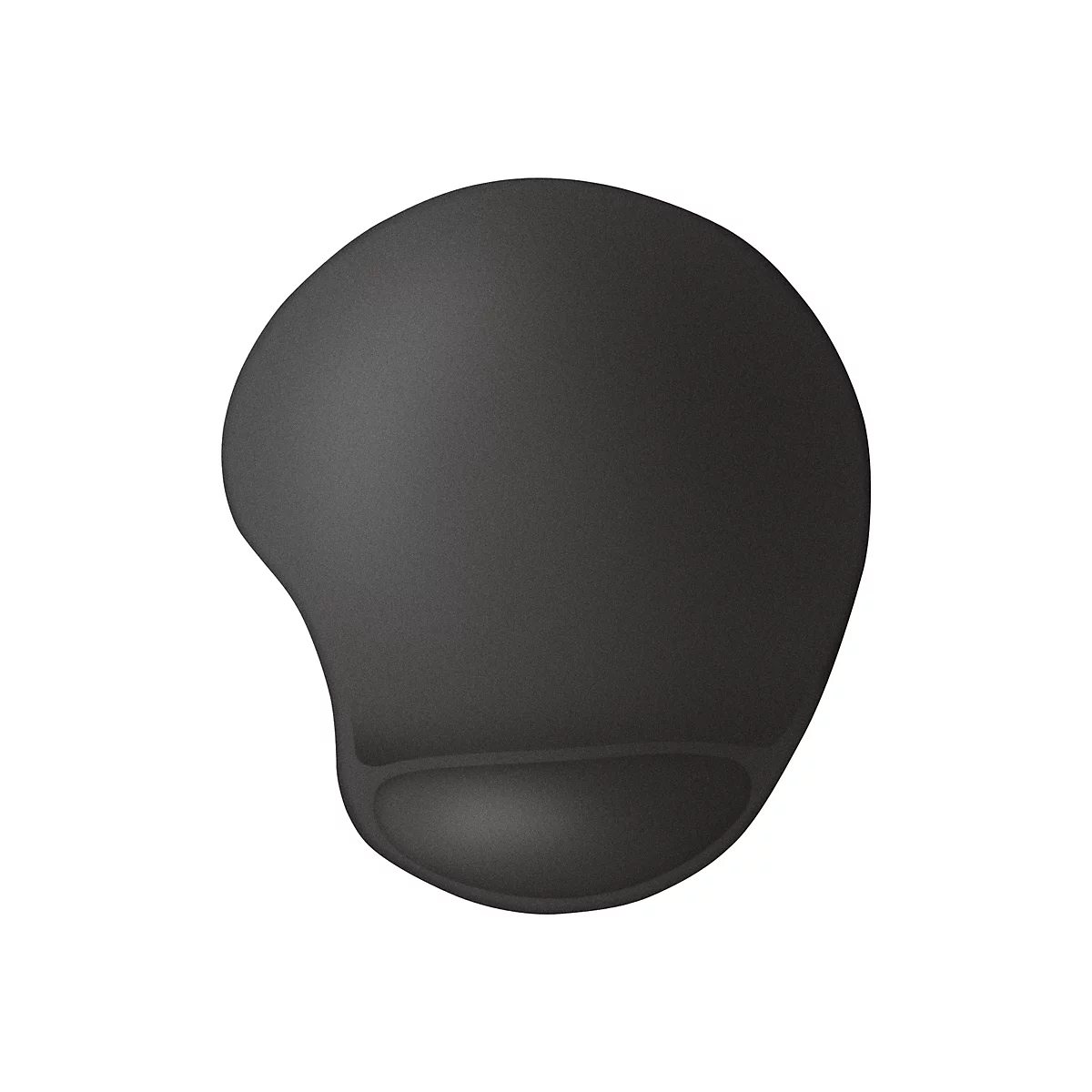 Schwarzes, ergonomisch geformtes Mauspad mit integrierter Handballenauflage vor weißem Hintergrund.
