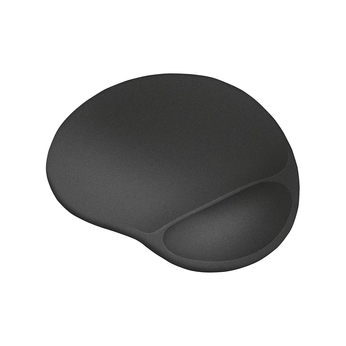 Schwarzes ergonomisches Mauspad mit integrierter Handballenauflage vor weißem Hintergrund.