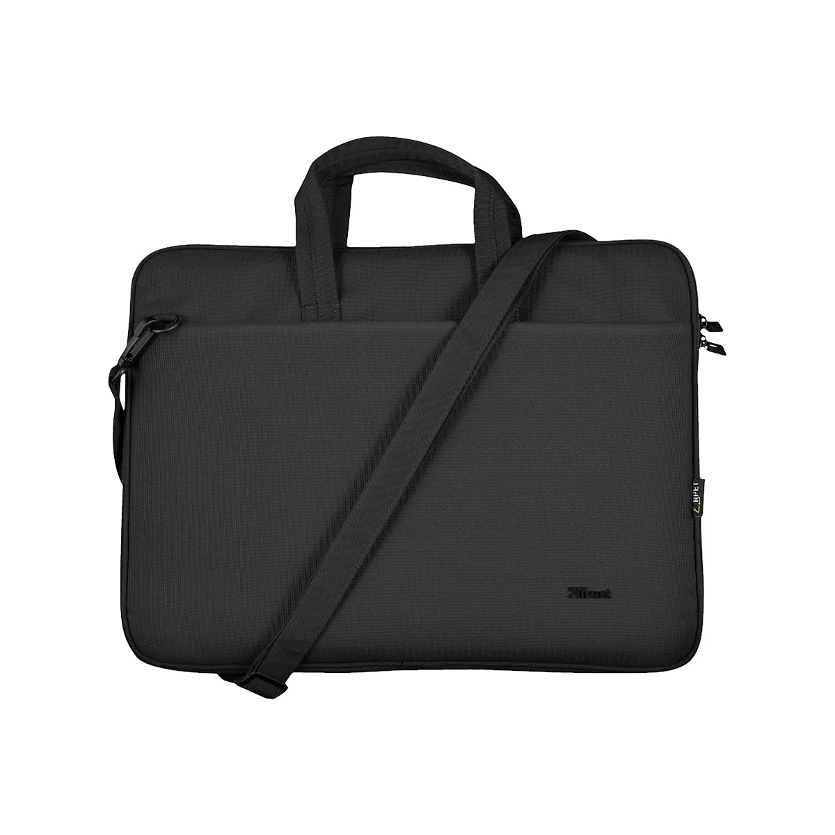 Schwarze Laptop-Tasche mit Tragegriffen und Schultergurt vor neutralem Hintergrund.