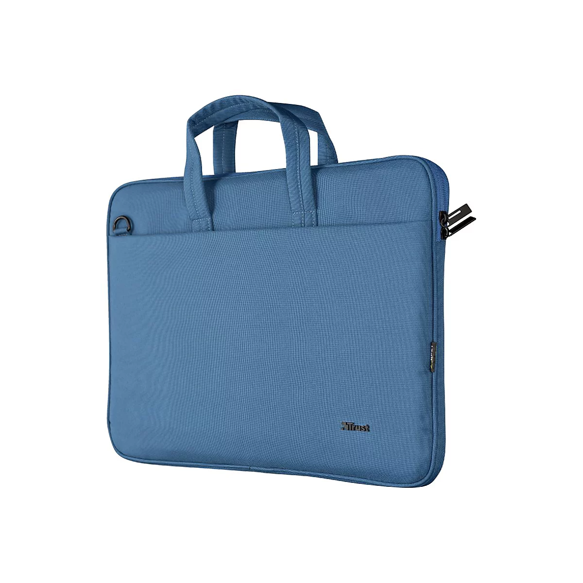 Blaue, flache Laptop-Tasche mit Tragegriffen und Reißverschluss vor neutralem Hintergrund.