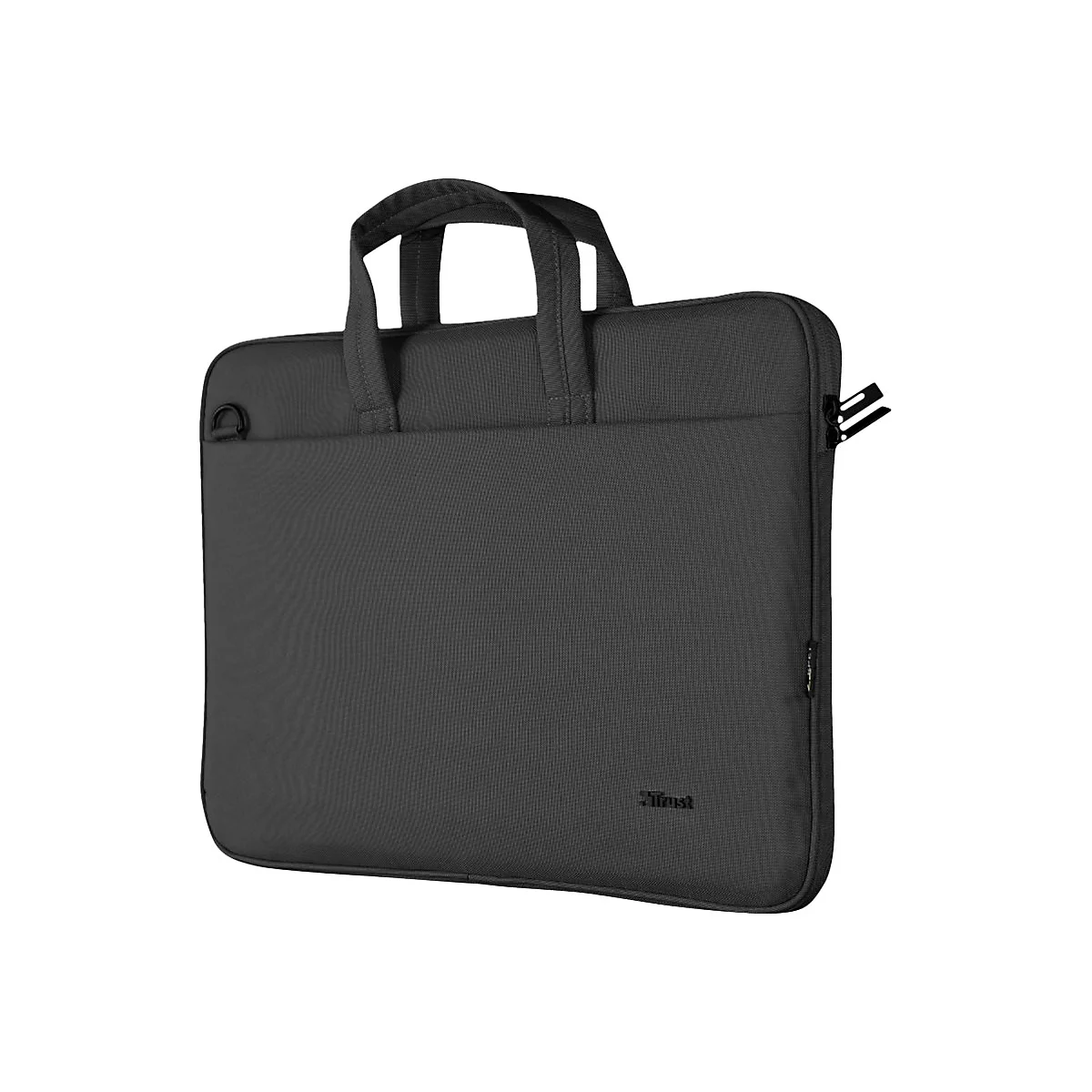 Schwarze Laptoptasche mit Tragegriffen und Reißverschluss vor weißem Hintergrund.