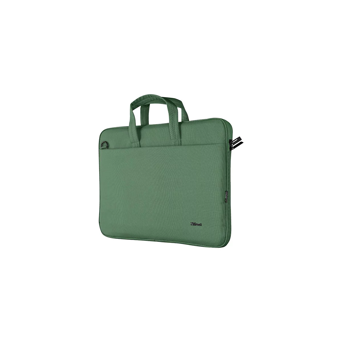 Eine grüne, flache Laptoptasche mit Tragegriffen vor weißem Hintergrund.