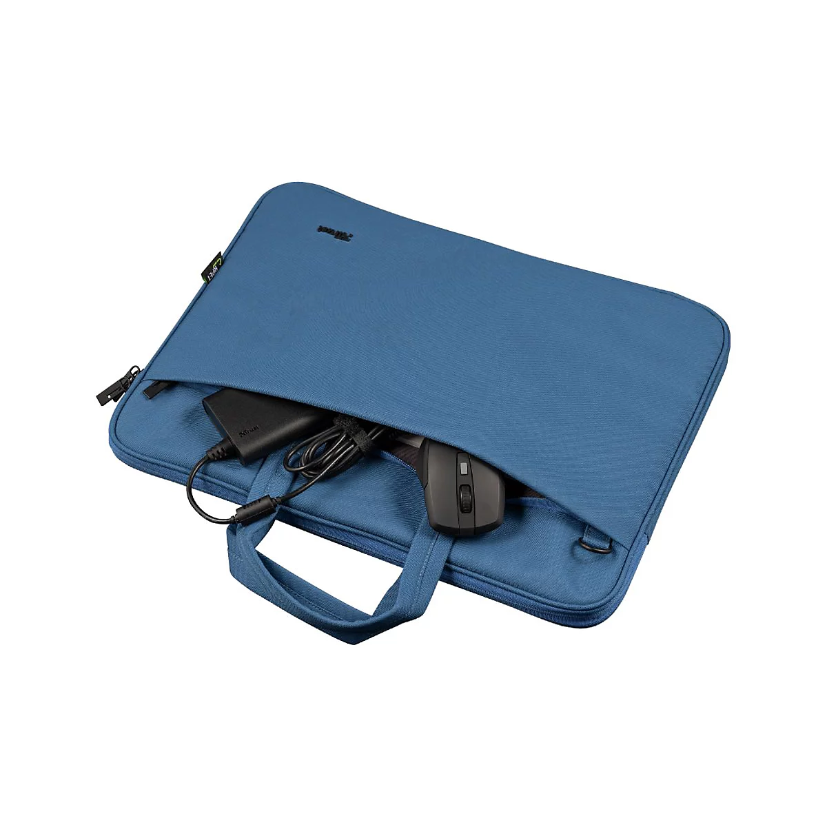 Blaue Laptoptasche mit Zubehörfach, gefüllt mit Maus und Netzteil.
