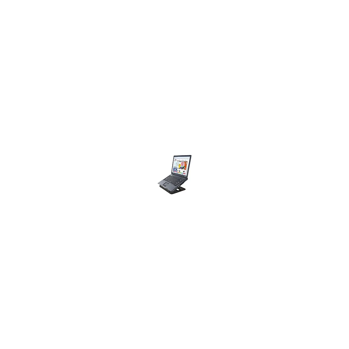 Dunkelgrauer Laptop auf einem StÃ¤nder. Der Bildschirm zeigt eine Website mit bunten Grafiken.