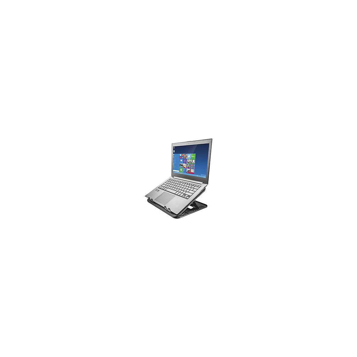 Ein Laptop steht auf einem schwarzen Laptop-StÃ¤nder. Der Bildschirm zeigt das Windows-StartmenÃ¼.